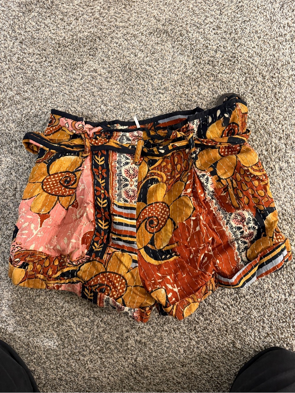 Free People Floral Patchwork High Waist Shorts - Mustard Pink Rust - Picture 2 of 5